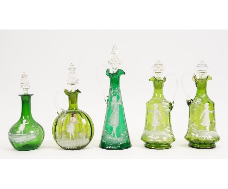 Pair of green Mary Gregory glass