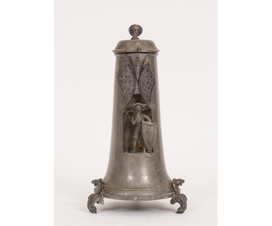 German pewter flagon with medieval figure,