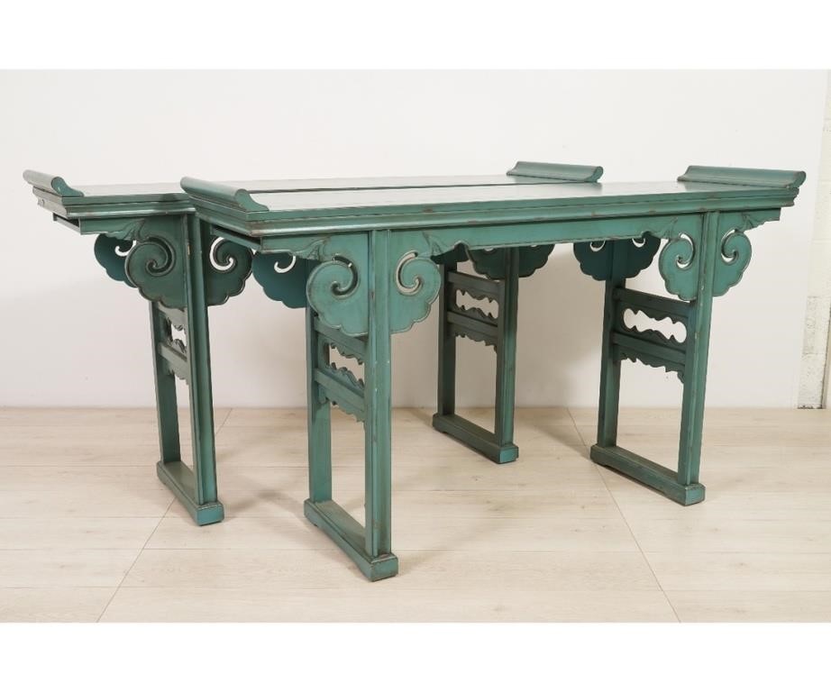 Pair of Asian style blue scroll tables,