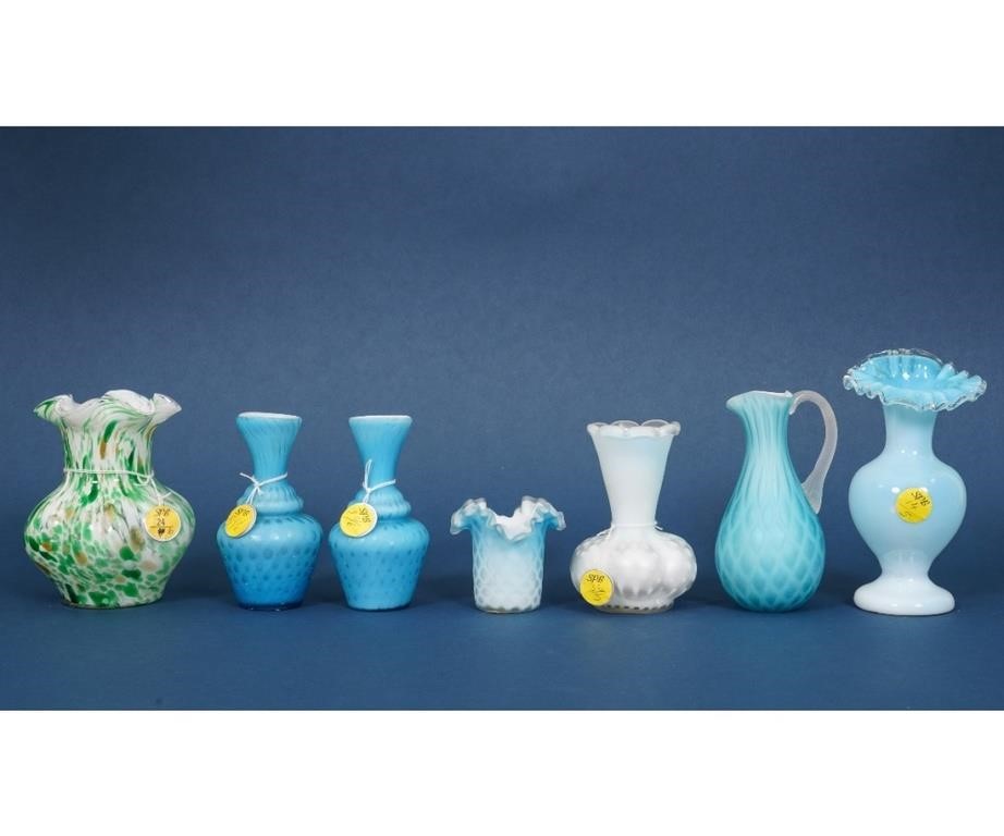 Blue satin glass pitcher, vases