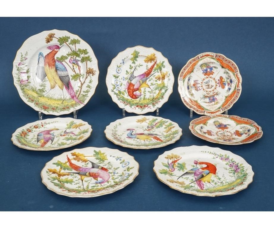 Six Chelsea porcelain bird plates;