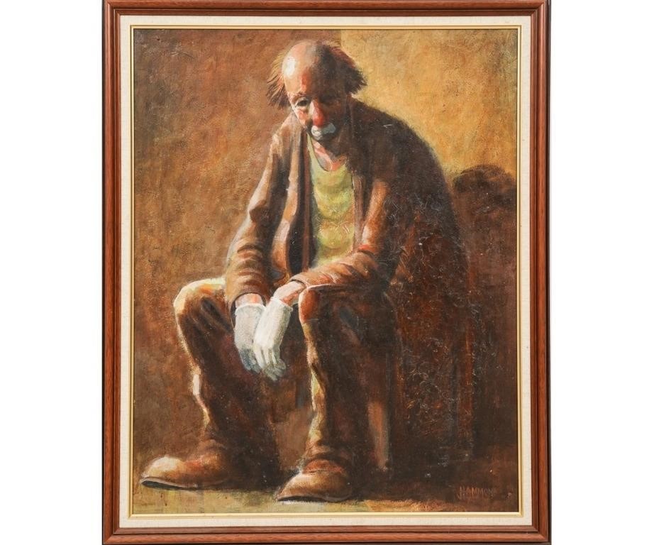 Oil on board of a seated clown, signed