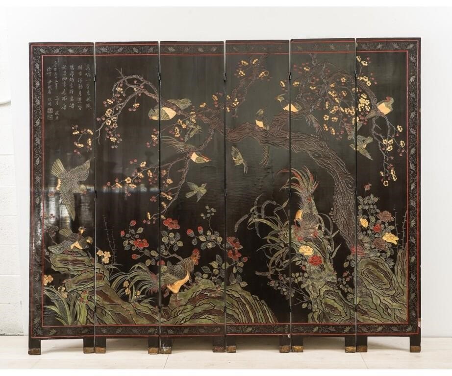 Six-part Asian lacquered screen decorated