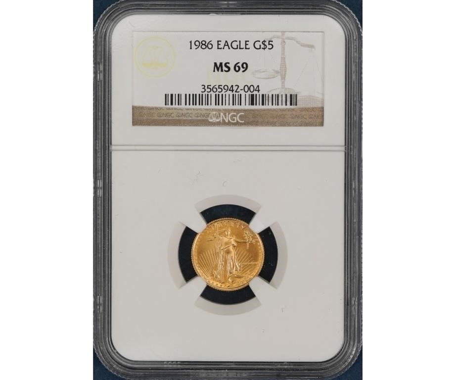 1986 gold Eagle five dollar coin, MS69.
1/10