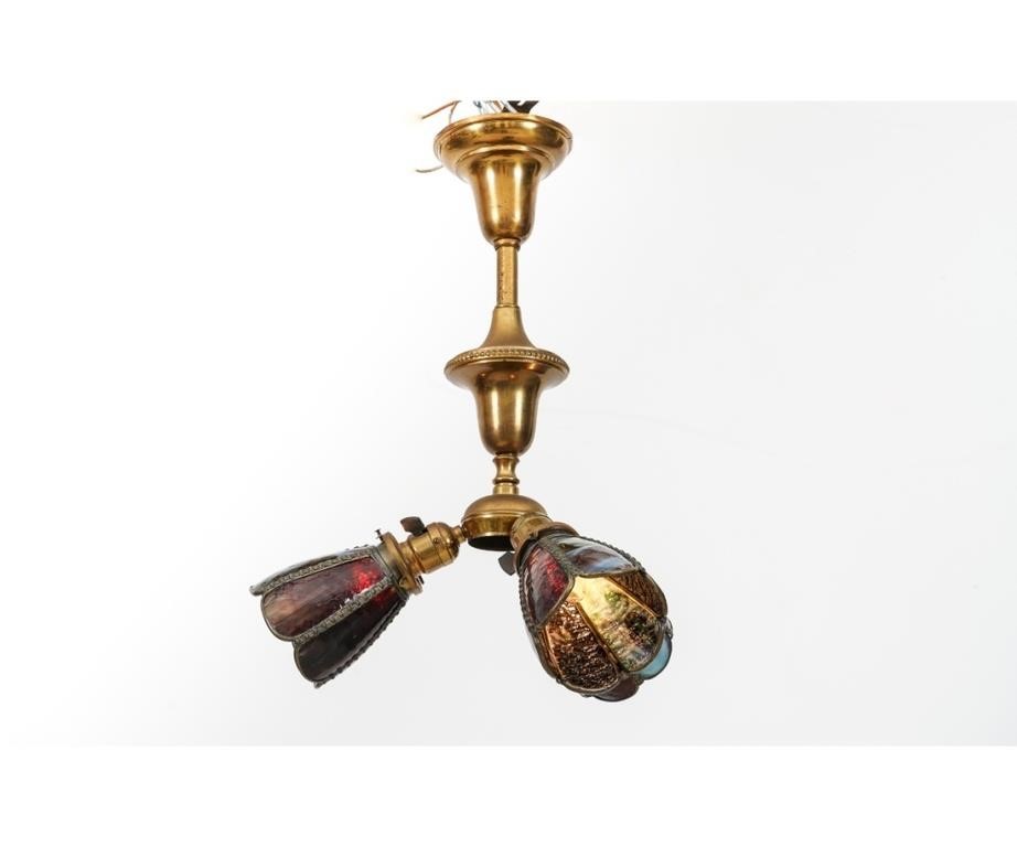Brass three light chandelier with slag