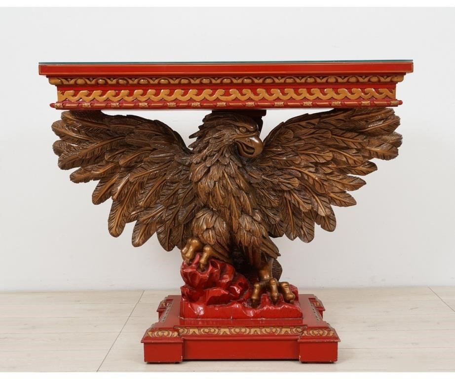 Carved eagle red pier table with floral