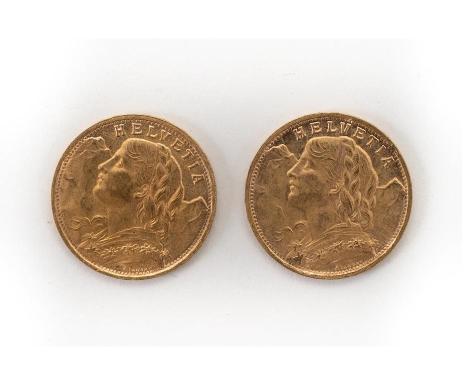 Two 1947 B gold 20 franc Swiss