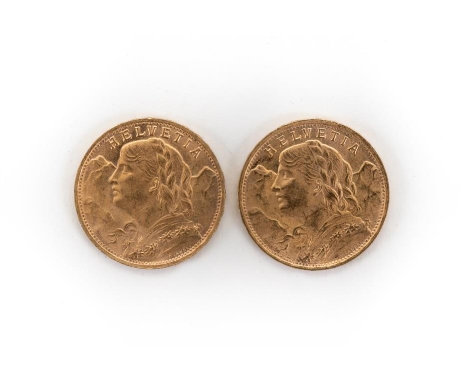 Two 1947 B Gold 20 Francs Swiss