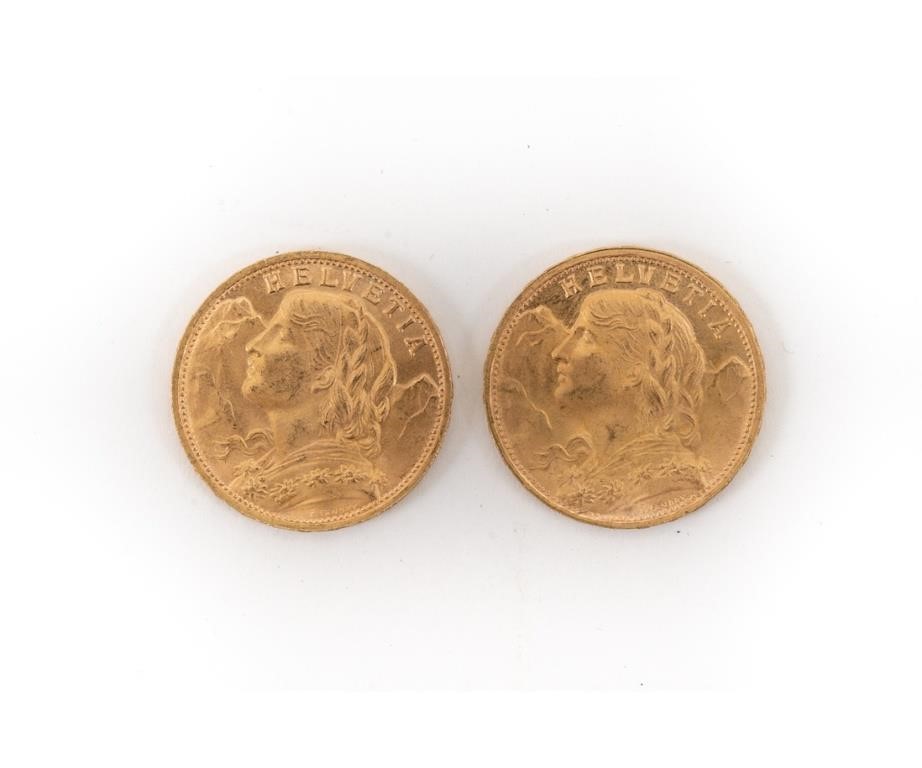 Two 1947 B gold 20 franc Swiss Helvetia