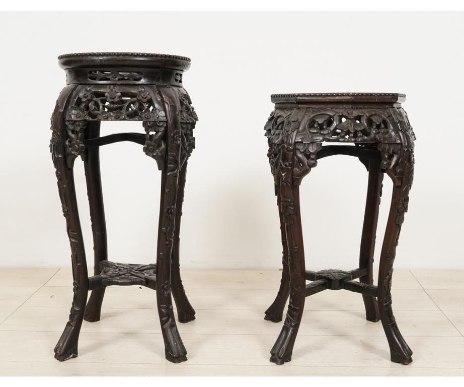 Two Asian marble top carved wood
