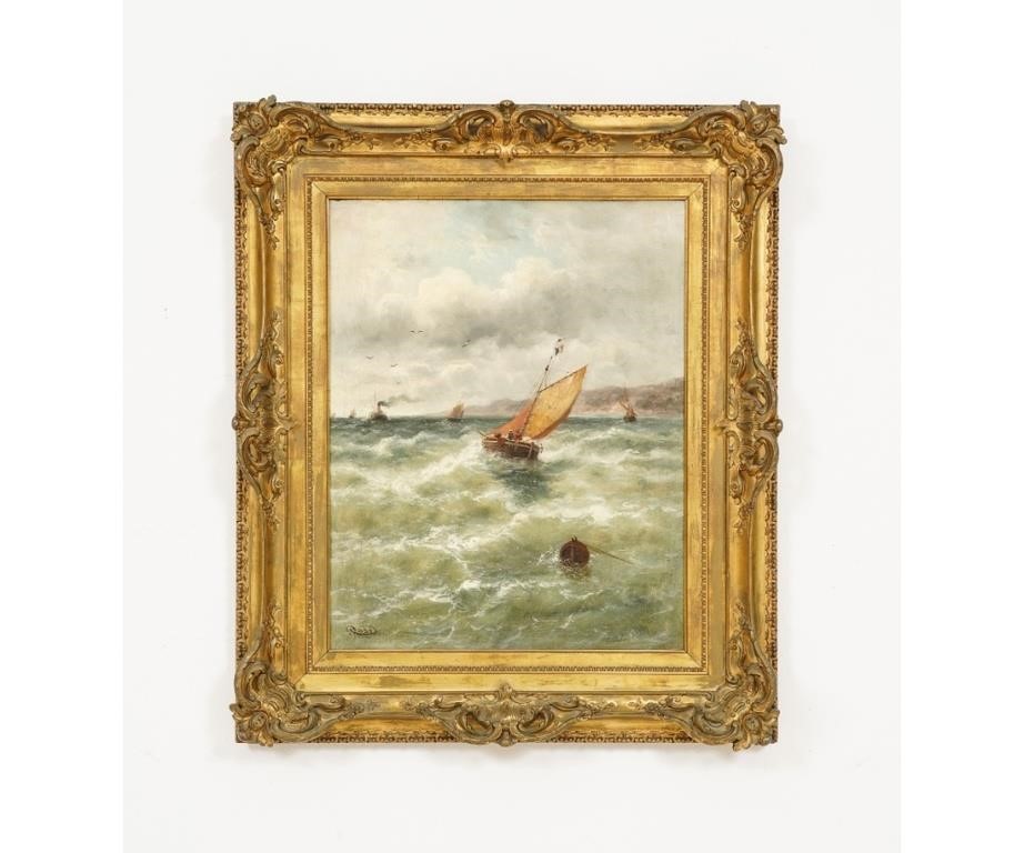 Oil on canvas, French, sailboat in stormy