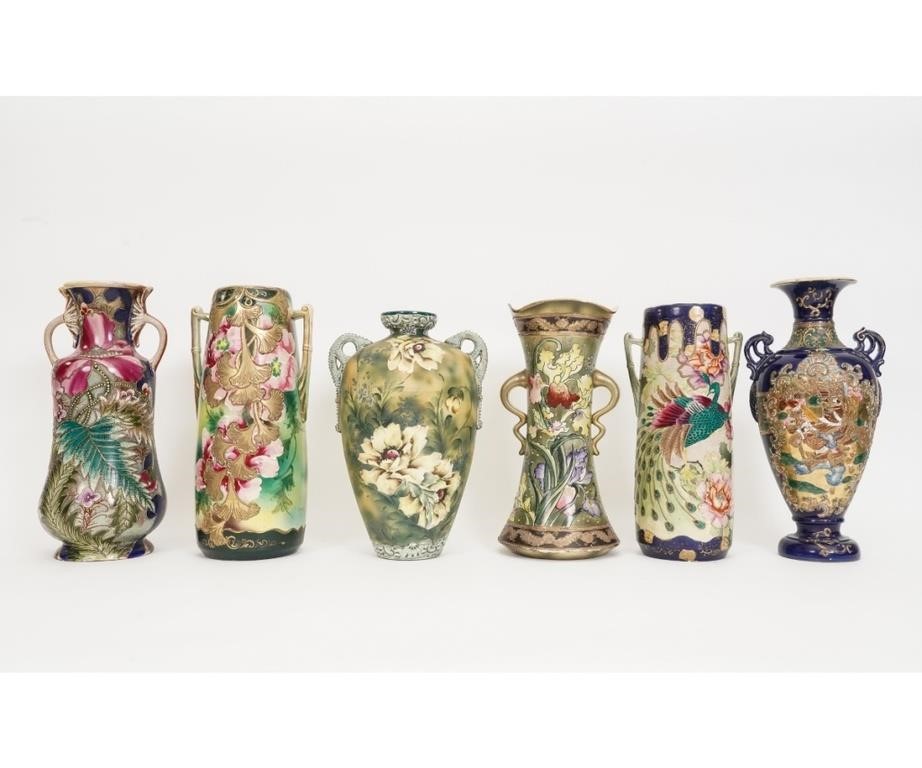Six colorful Japanese ceramic vases,