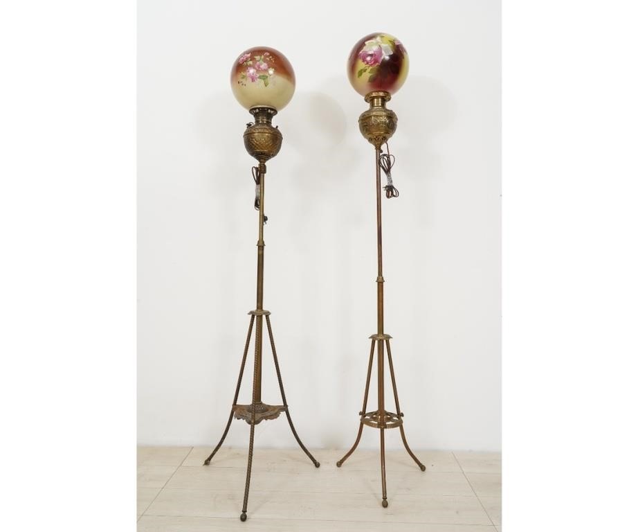 Two similar brass piano parlor lamps,