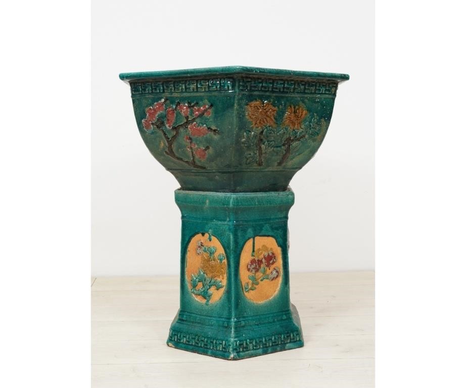 Large two-part green glazed planter,