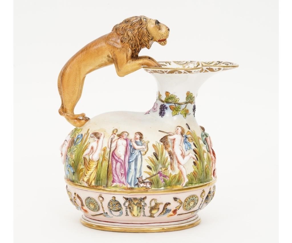 Capodimonte pitcher with lion handle