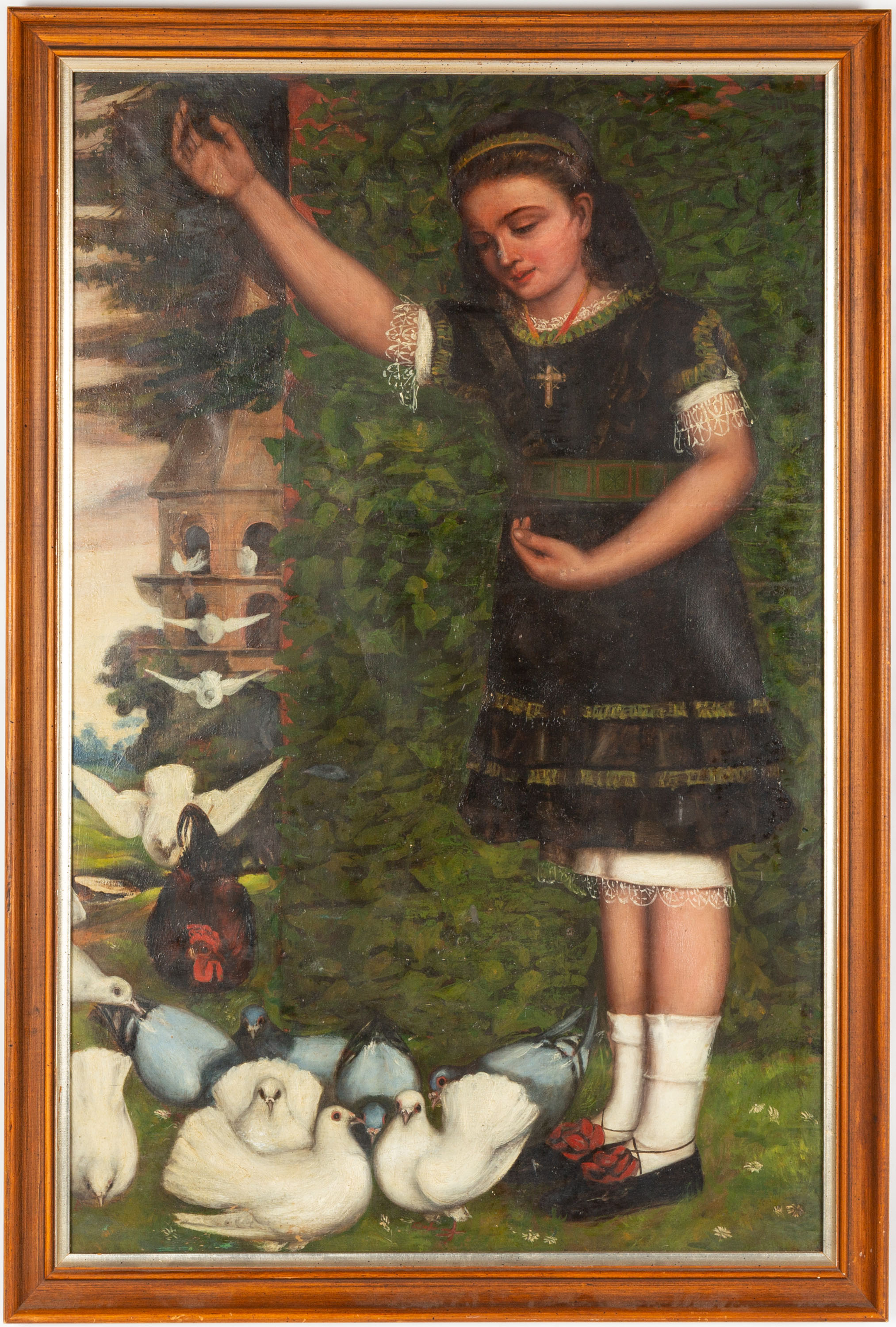 19TH CENTURY PAINTING OF GIRL WITH DOVES