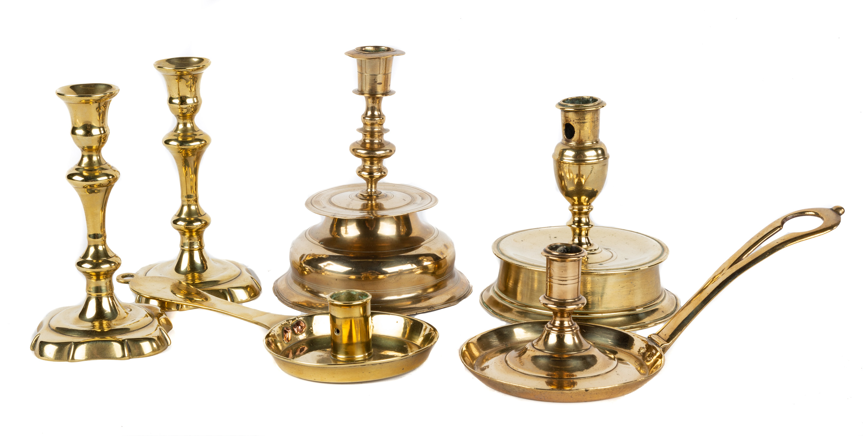 GROUP EARLY BRASS CANDLE HOLDERS