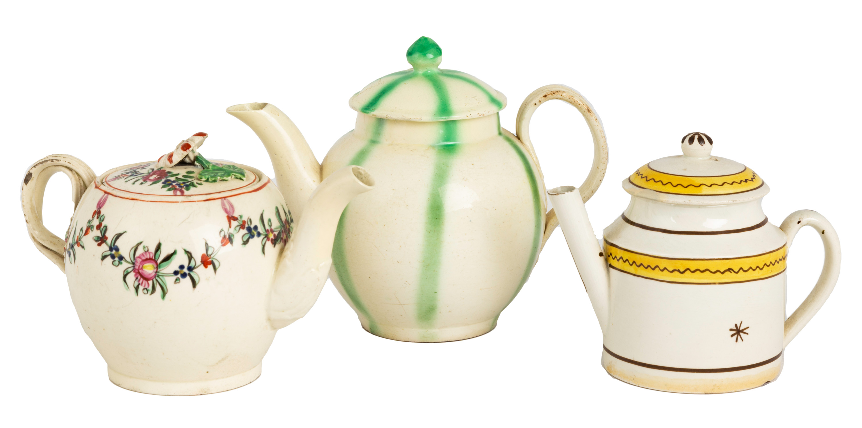 THREE EARLY CREAMWARE DIMINUTIVE TEAPOTS