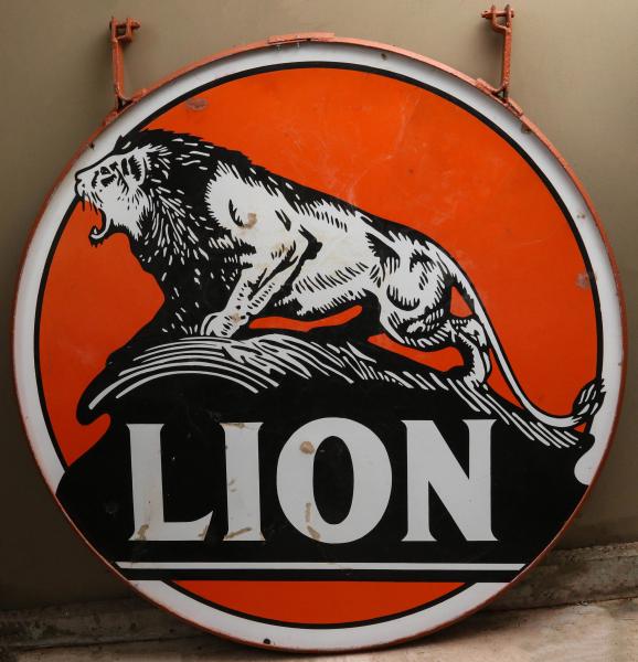 A LION OIL DOUBLE SIDED PORCELAIN ADVERTISING