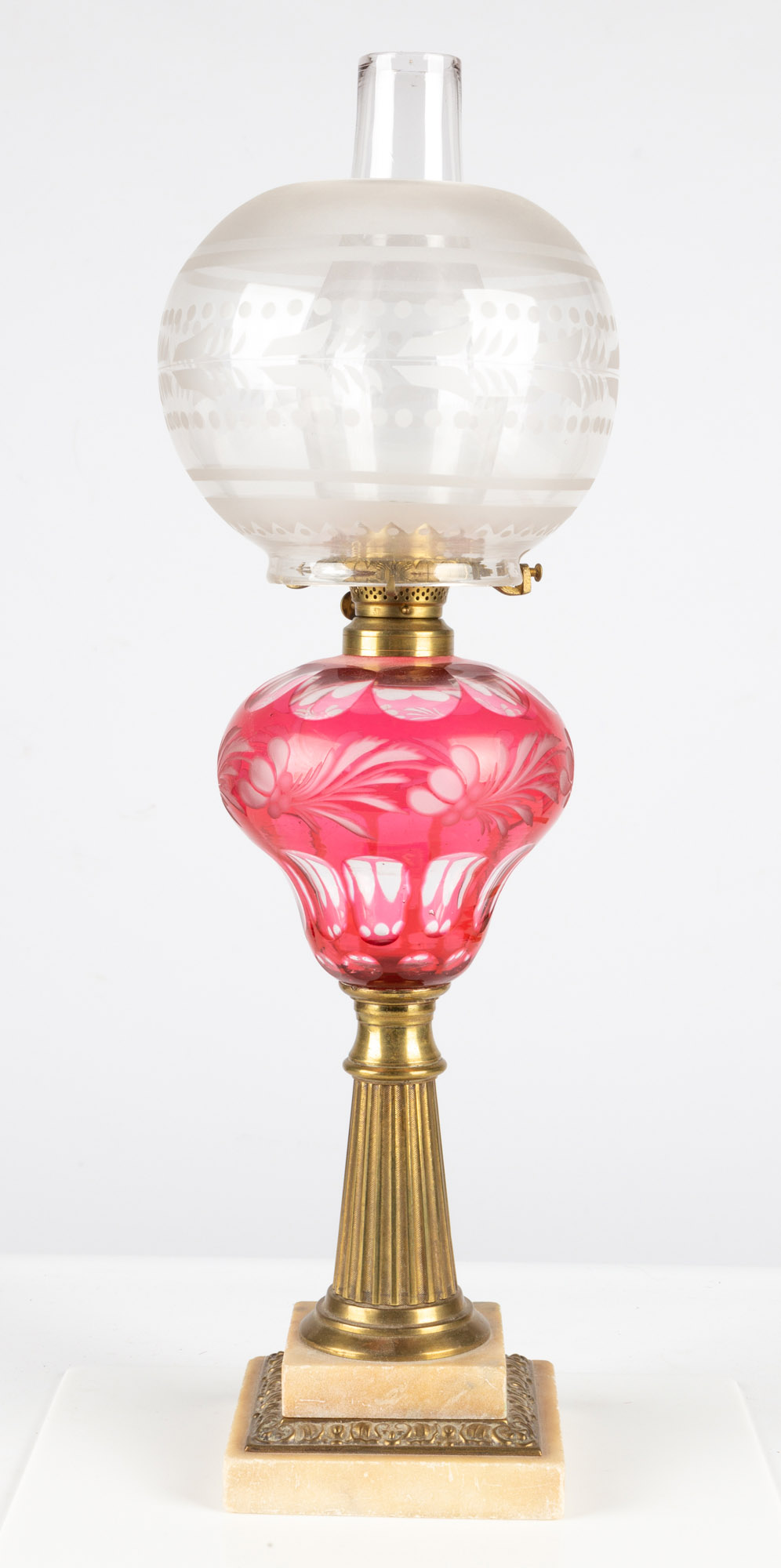 CRANBERRY OVERLAY OIL LAMP circa 28be54