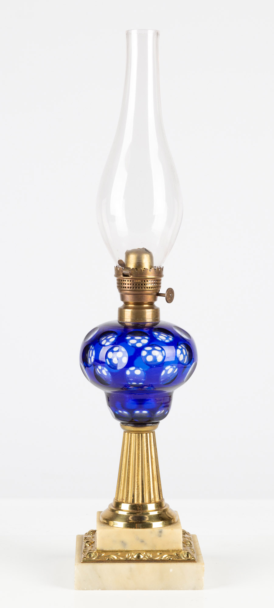 BLUE OVERLAY OIL LAMP circa 1860  28be62