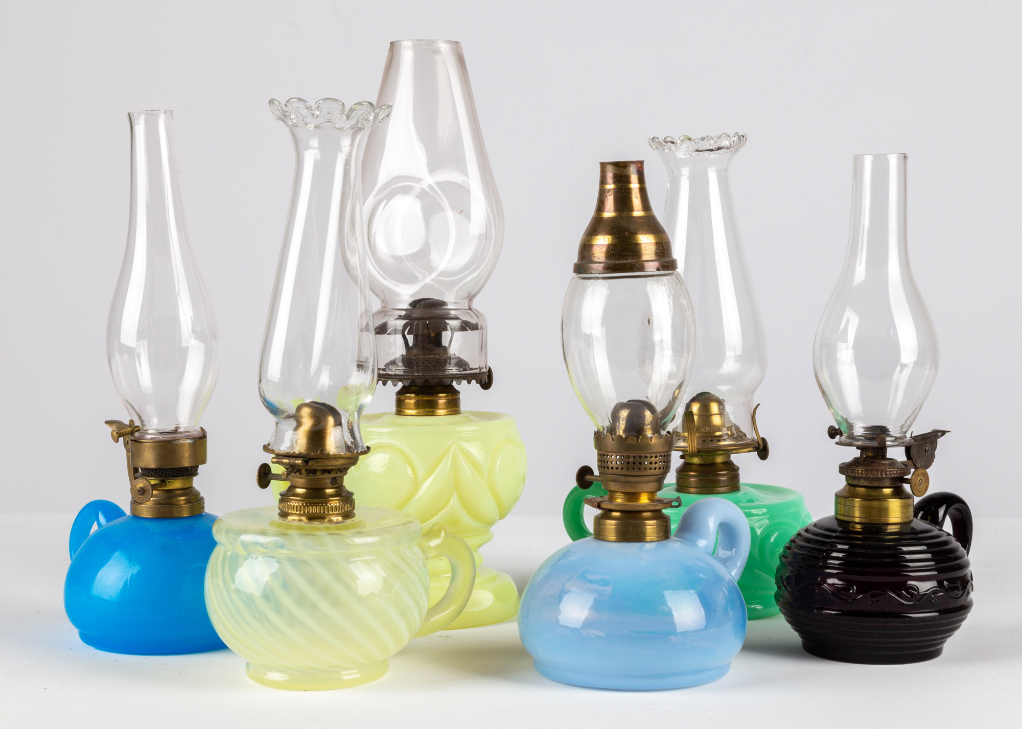 (6) GLASS FINGER OIL LAMPS circa 1880.