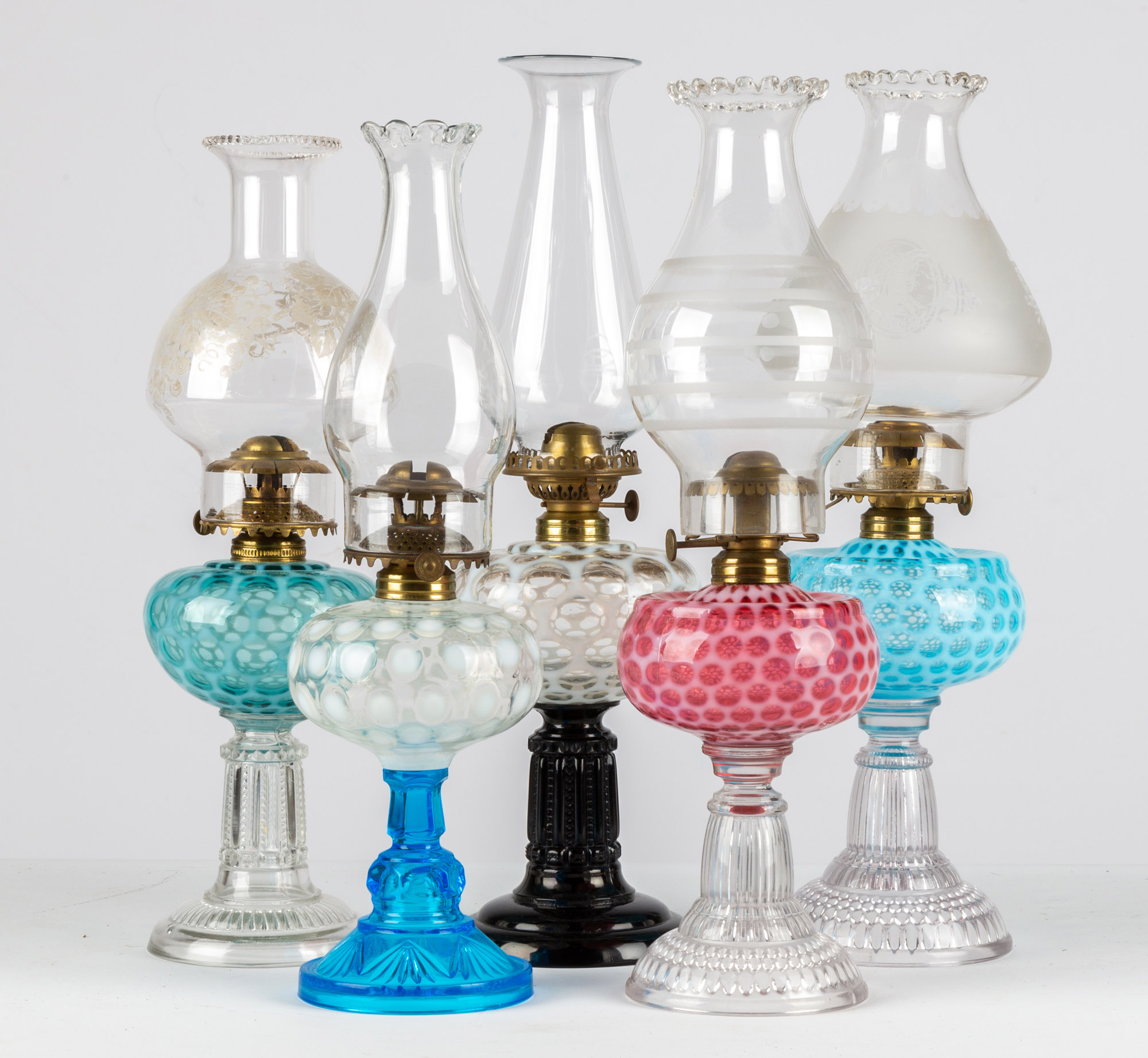 (5) OPALESCENT COIN SPOT OIL LAMPS circa