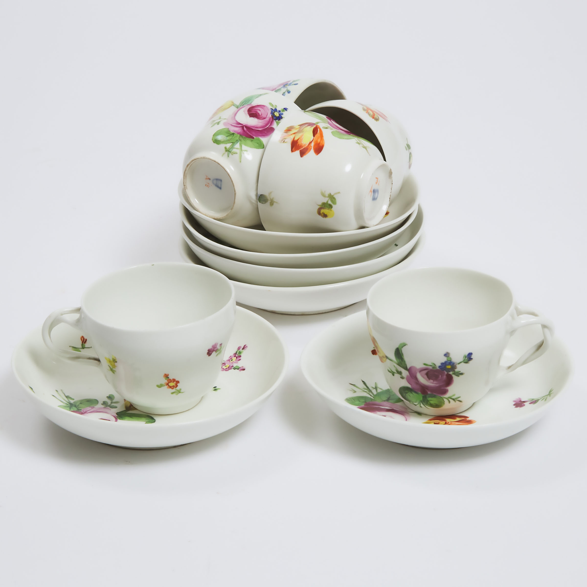 Six Vienna Flower Painted Cups and Saucers,