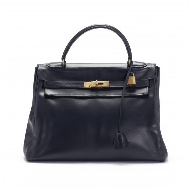 NAVY BLUE BOX LEATHER HANDBAG, HERMèS