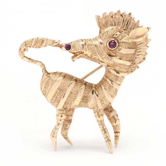 WHIMSICAL GOLD AND RUBY ZEBRA BROOCH 28c372