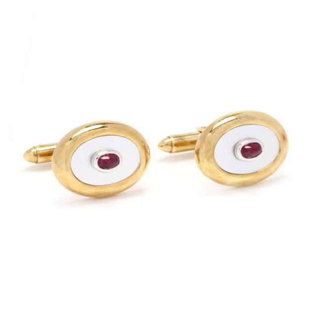 GOLD AND GEM SET CUFFLINKS Of oval 28c3c4