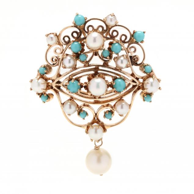 GOLD TURQUOISE AND PEARL BROOCH 28c3dc