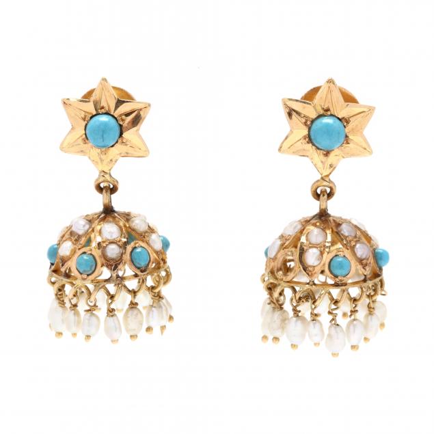 GOLD PEARL AND TURQUOISE JHUMKA 28c46c