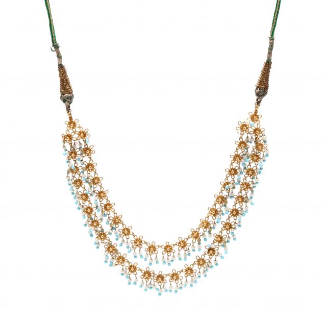 GOLD, TURQUOISE, AND PEARL NECKLACE,