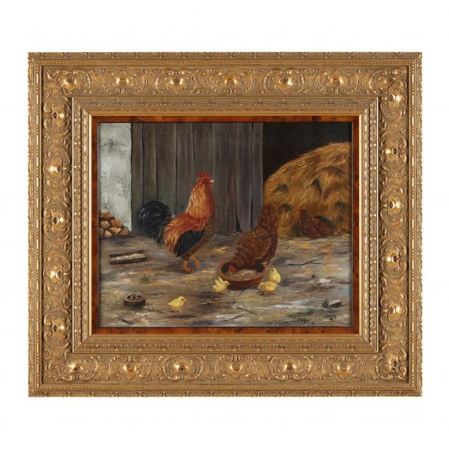 A CONTEMPORARY PAINTING OF CHICKENS