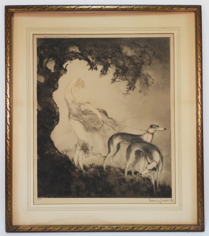 LOUIS ICART WOMAN WITH GREYHOUNDS