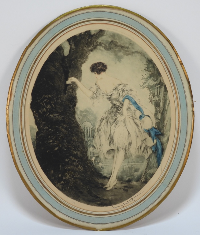 LOUIS ICART LADY W/ BLUE RIBBON