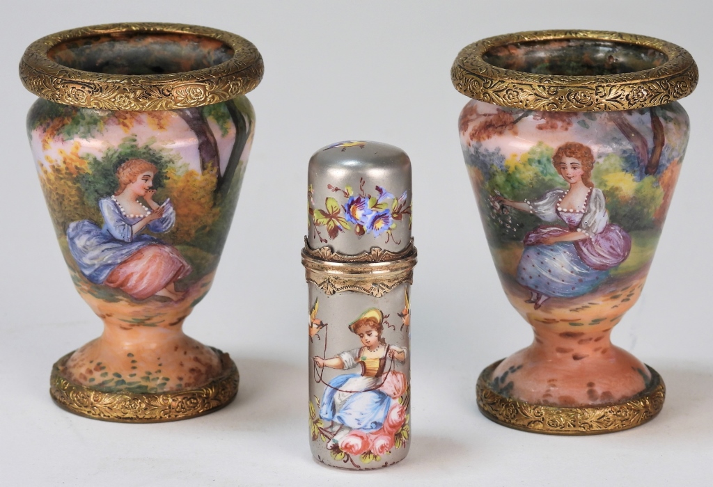 3PC FRENCH ENAMELED VASES SCENT 299acb