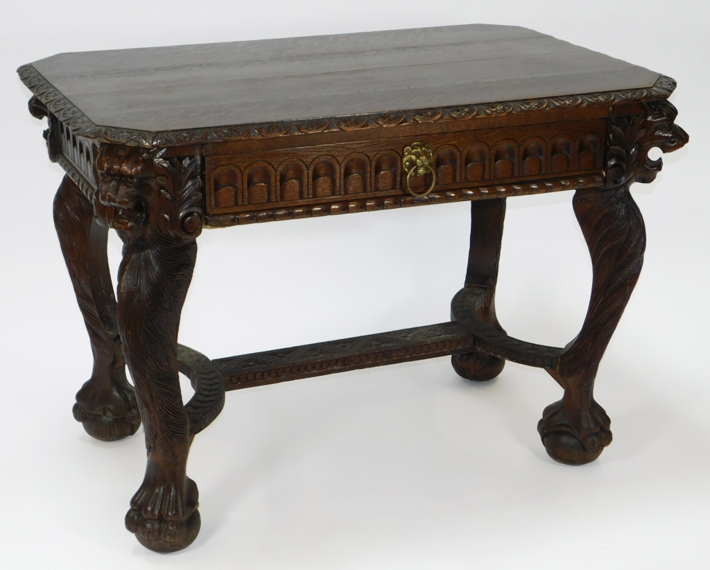 LIONS HEAD OAK LIBRARY TABLE England,19th