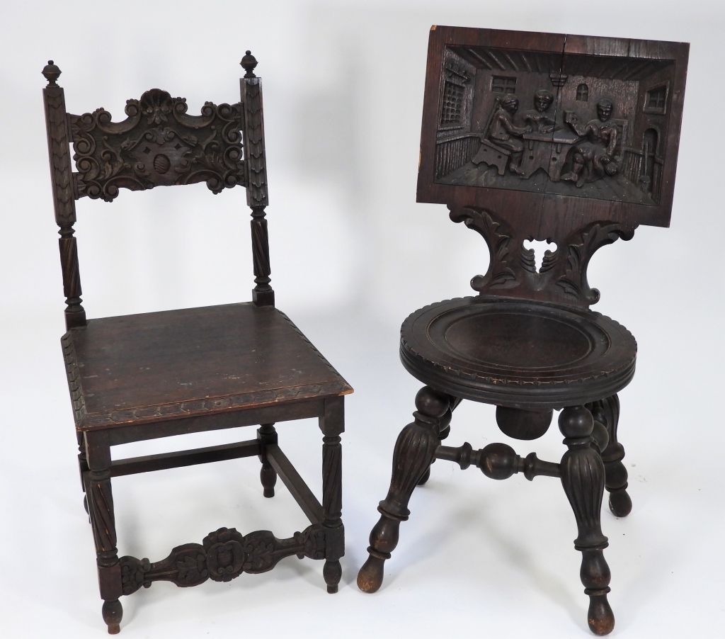 2PC 19C CARVED OAK TAVERN CHAIRS 299c04