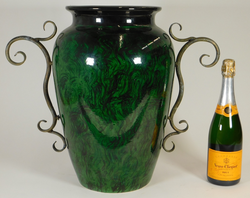 LG FAUX MALACHITE ART POTTERY HANDLED