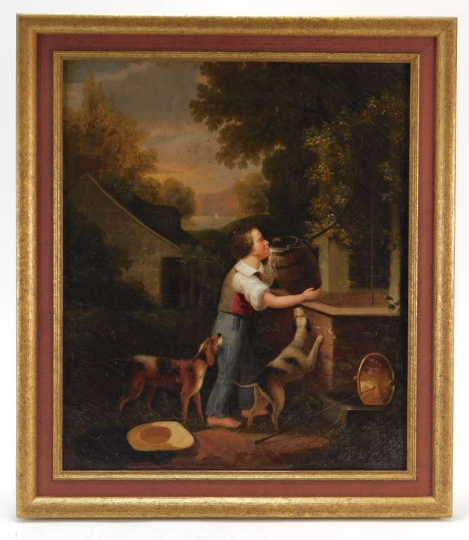 19C AMERICAN FARM BOY & DOG GENRE PAINTING