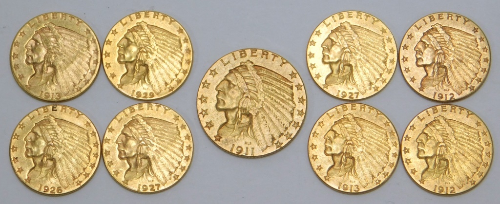 9PC UNITED STATES 2.5 DOLLAR GOLD