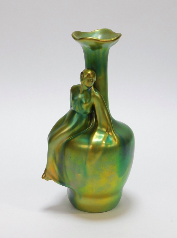 ZSOLNAY GREEN EOSIN FIGURAL VASE Hungary,Early