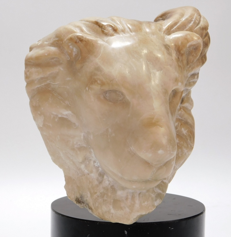 CARVED ALABASTER LION HEAD SCULPTURE