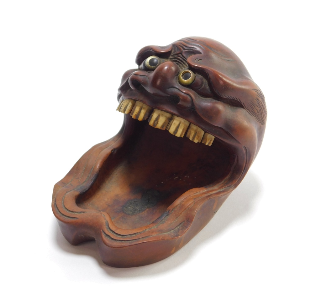 JAPANESE CARVED WOOD ONI ASHTRAY