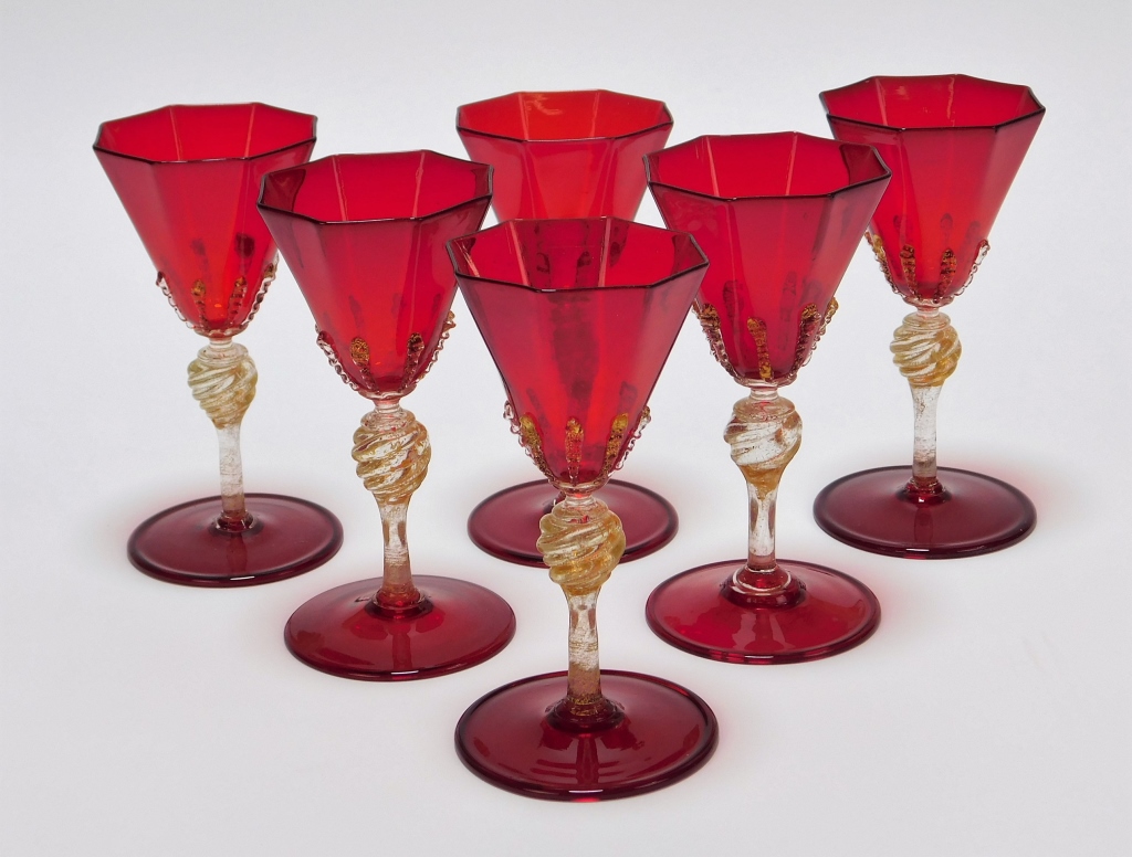 6PC VENETIAN RED AVENTURINE WINE GLASSES