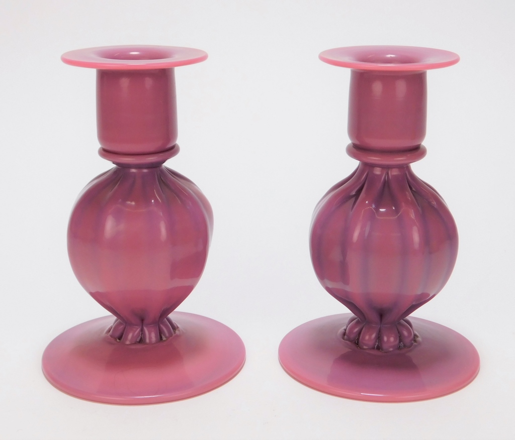 PR PEACH BLOW ART GLASS CANDLESTICKS 29a0d3