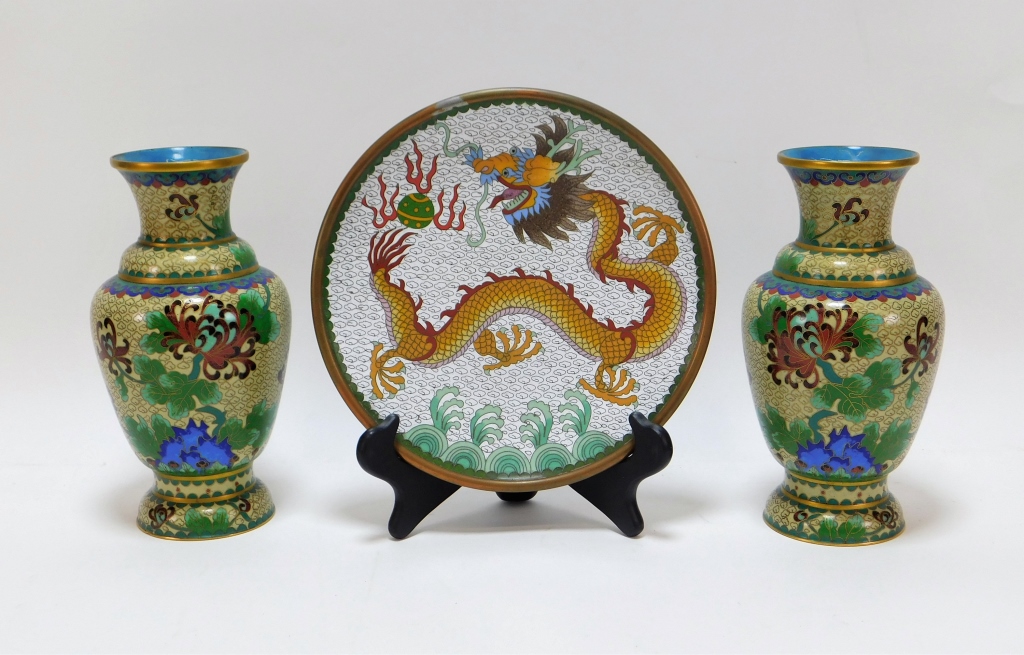 3PC CHINESE CLOISONNE VASE AND