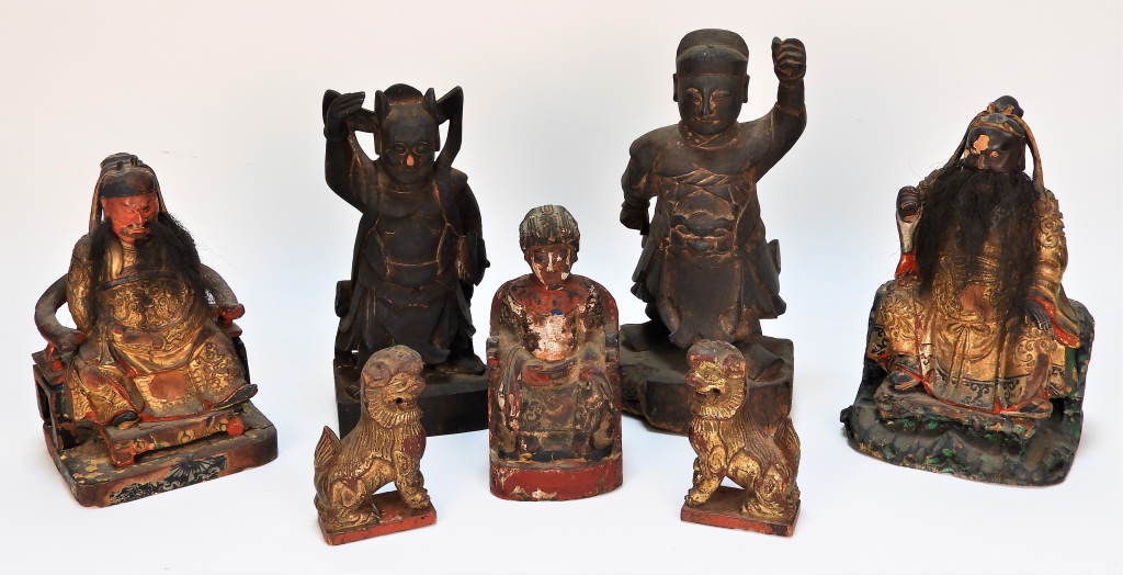 7 CHINESE CARVED GILT WOOD WARRIOR